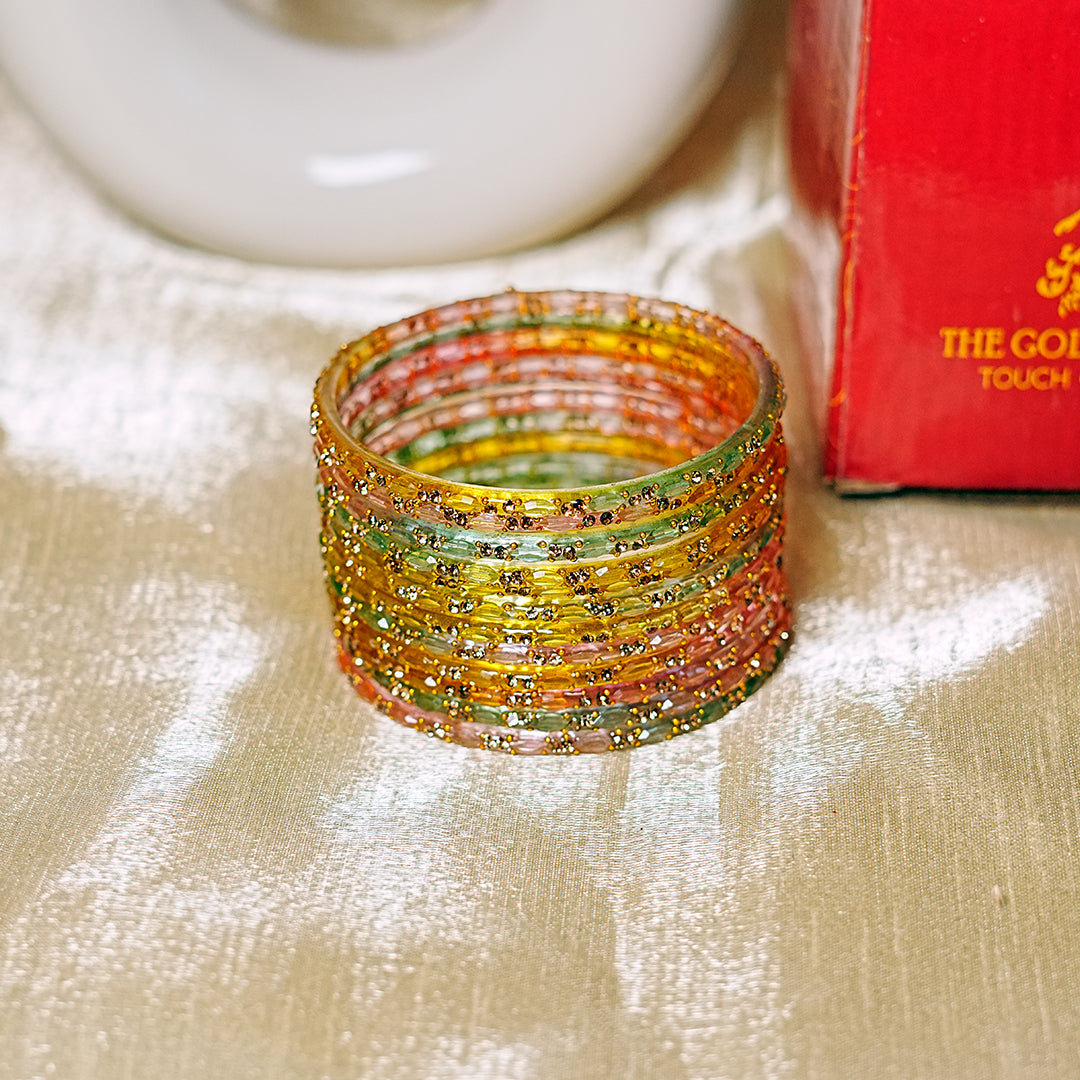 Multiple Color Glass Bangle with Beads Studded for Women & Girls (Pack of 12 Bangles)