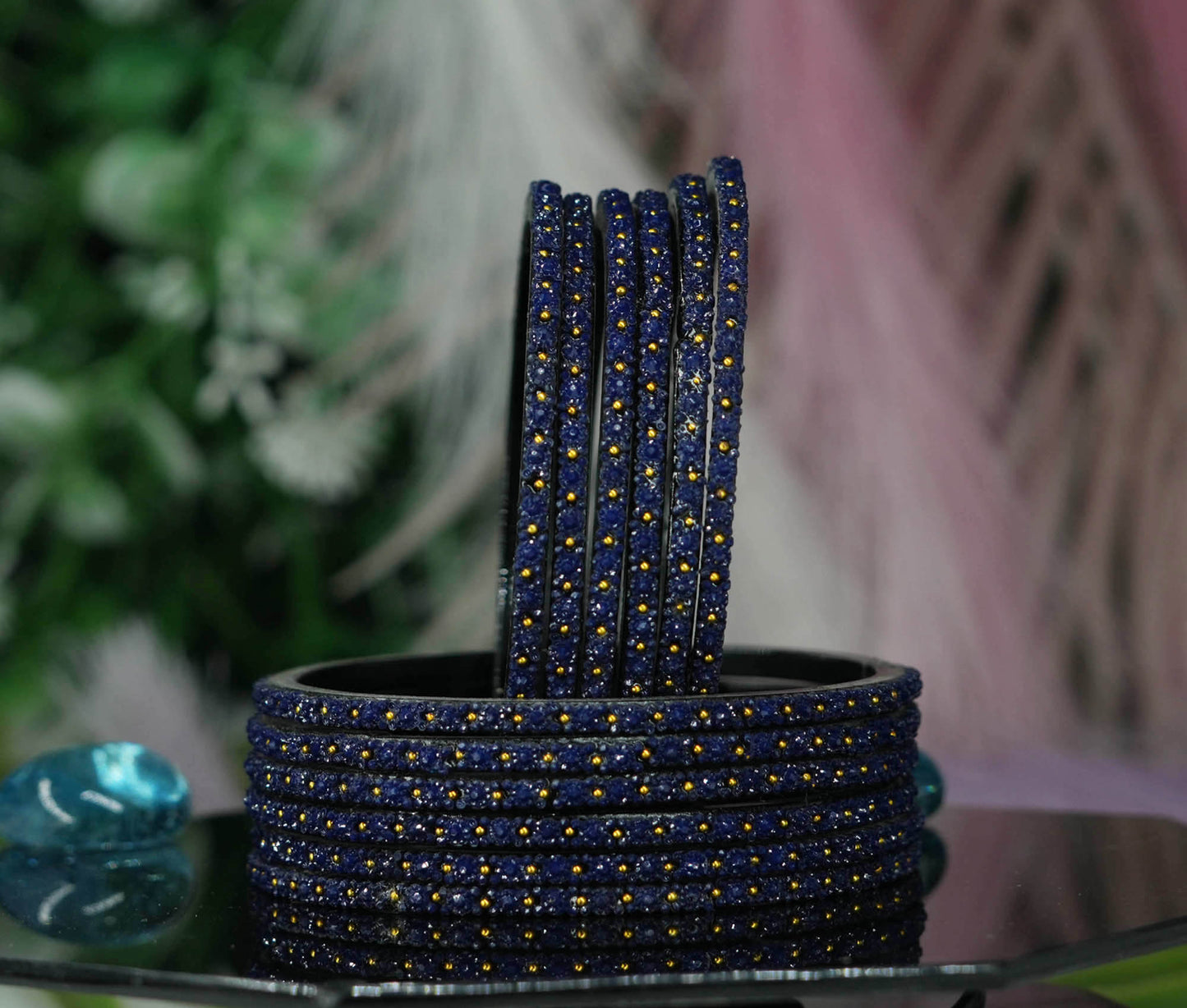 Glass Bangle with Golden Ball Studded for Women & Girls (Pack of 12 Bangles)