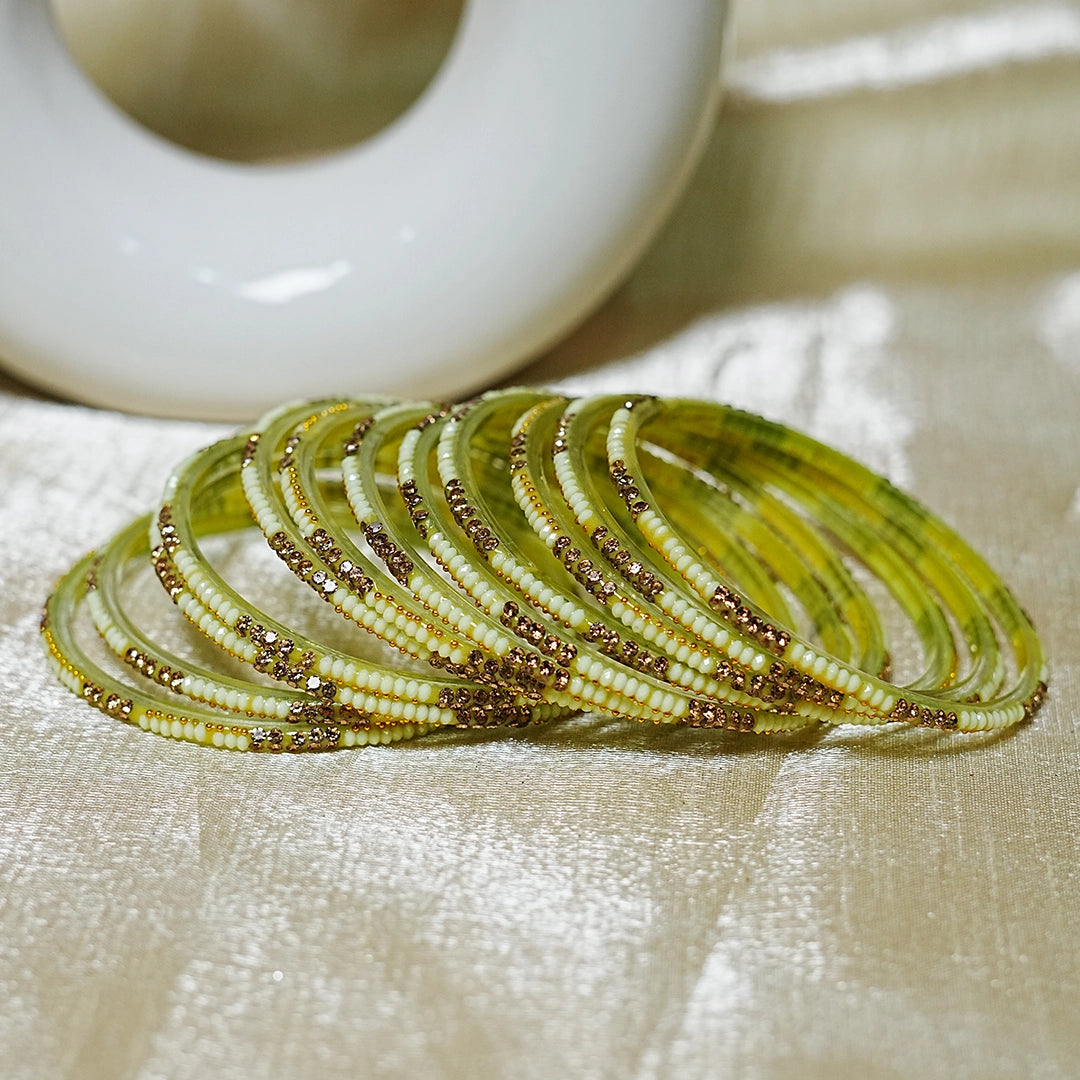 Handcrafted Glass Chudi Set with Golden Balls & Beads Work (Pack of- 12 Bangles)