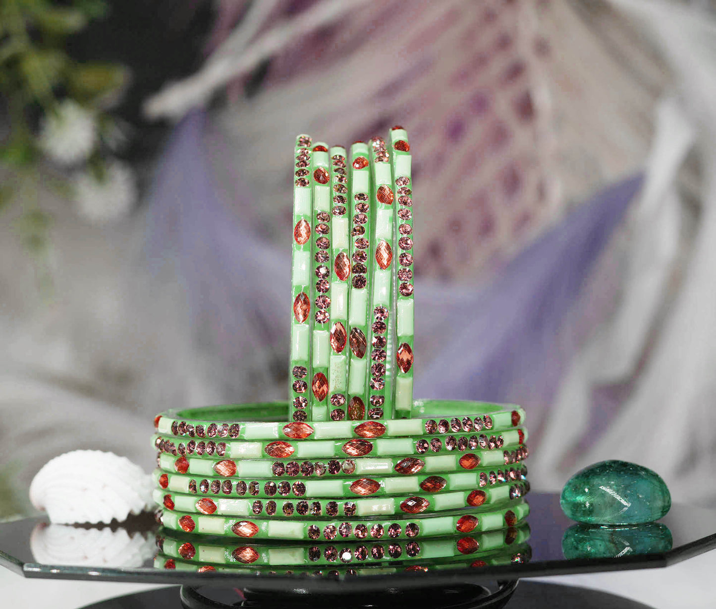 Multiple Color Glass Bangle with Stone Beads Work for Women & Girls (Pack 12 Bangles)