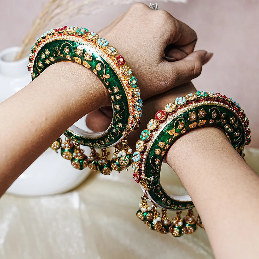 Traditional Jewelry Green Color Bridal Rajwadi Kada for Women (Pack of 2)