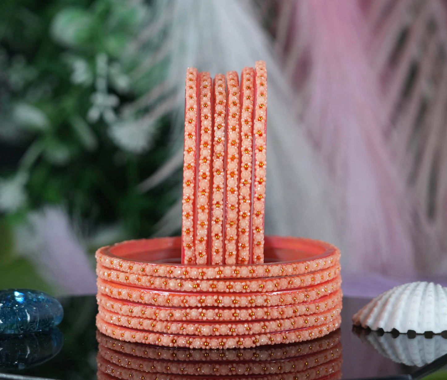 Glass Bangle with Golden Ball Studded for Women & Girls (Pack of 12 Bangles)