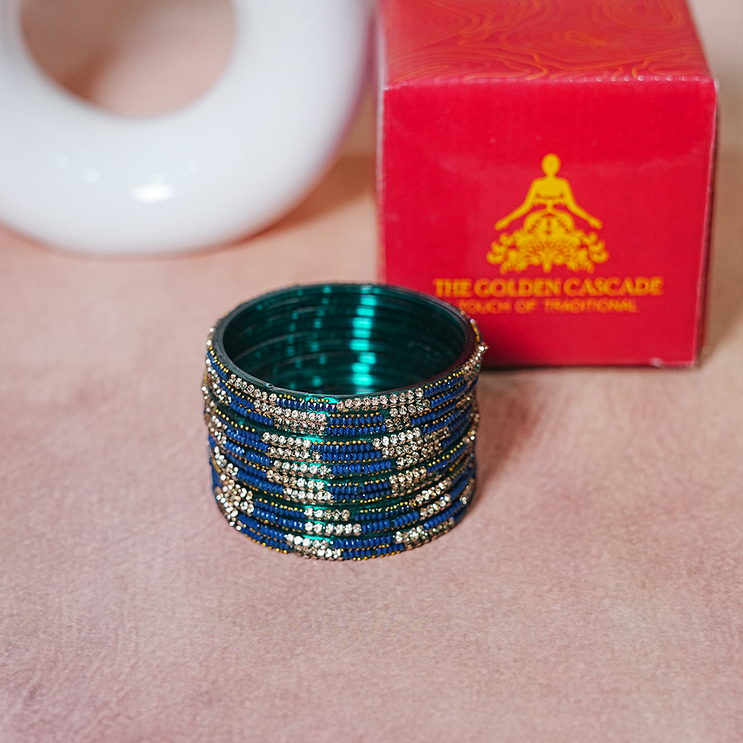 Handcrafted Glass Chudi Set with Golden Balls & Beads Work (Pack of- 12 Bangles)