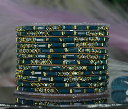 Zircon Gemstone Studded Glass Bangles for Women & Girls (Pack of 12 Bangles)