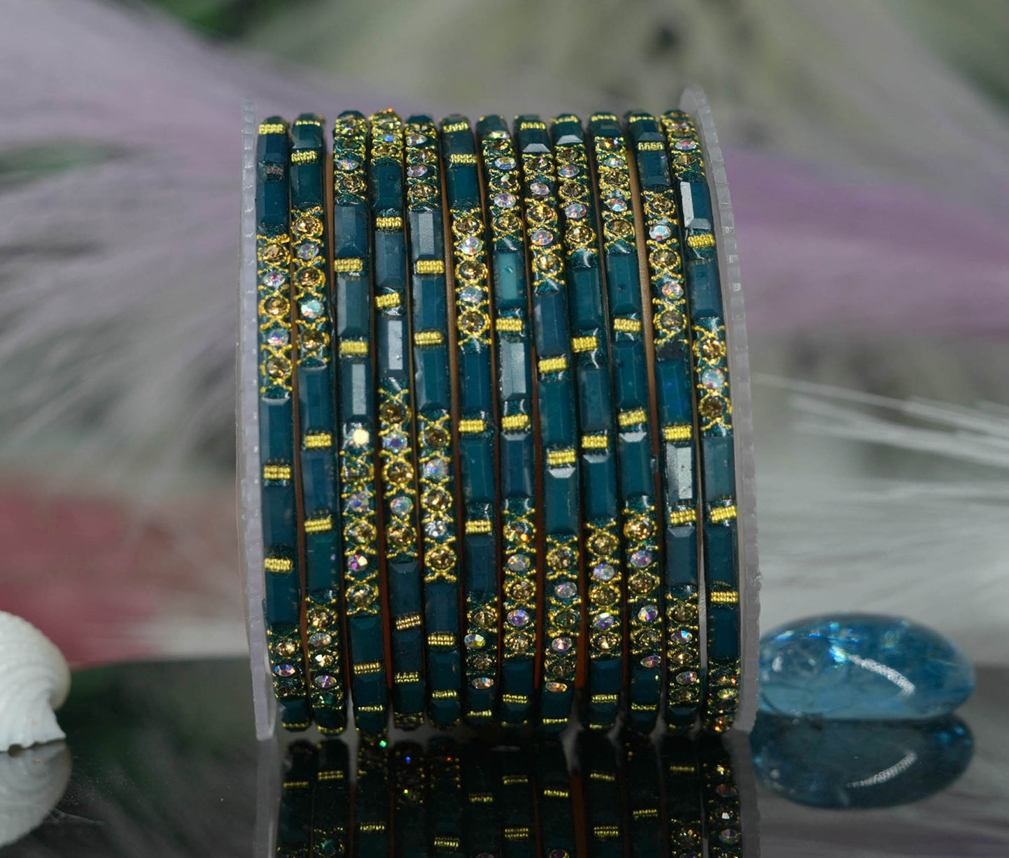 Zircon Gemstone Studded Glass Bangles for Women & Girls (Pack of 12 Bangles)
