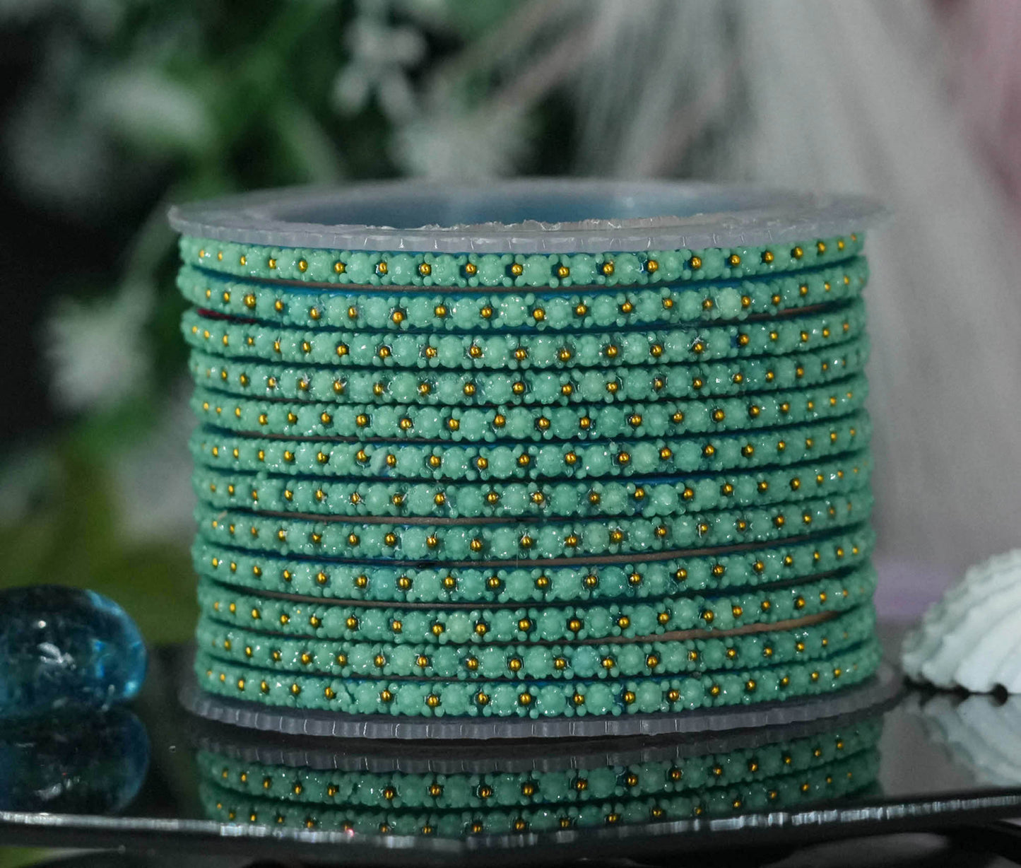 Glass Bangle with Golden Ball Studded for Women & Girls (Pack of 12 Bangles)