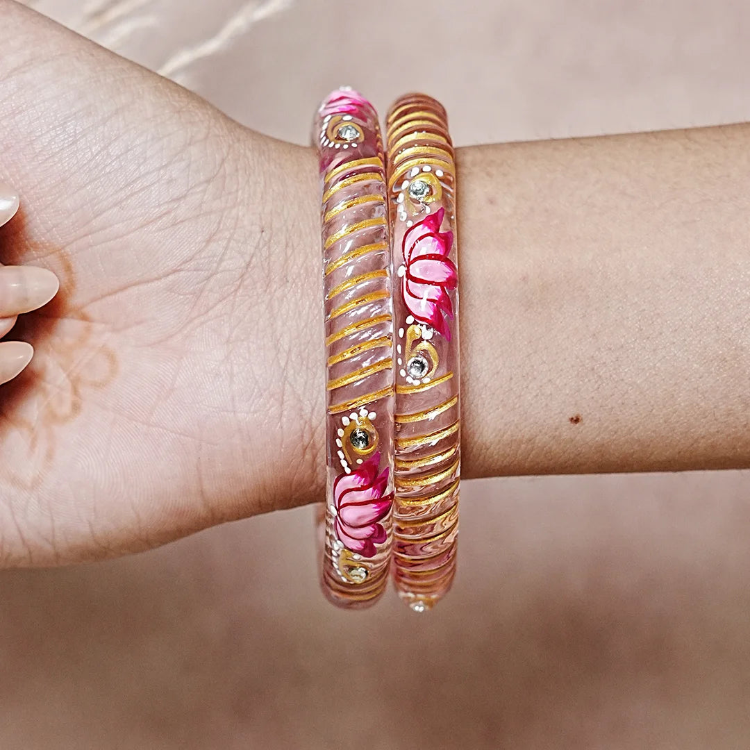 Elegant Lotus Design Printed Glass Kada for Women & Girls (Pack of 2)