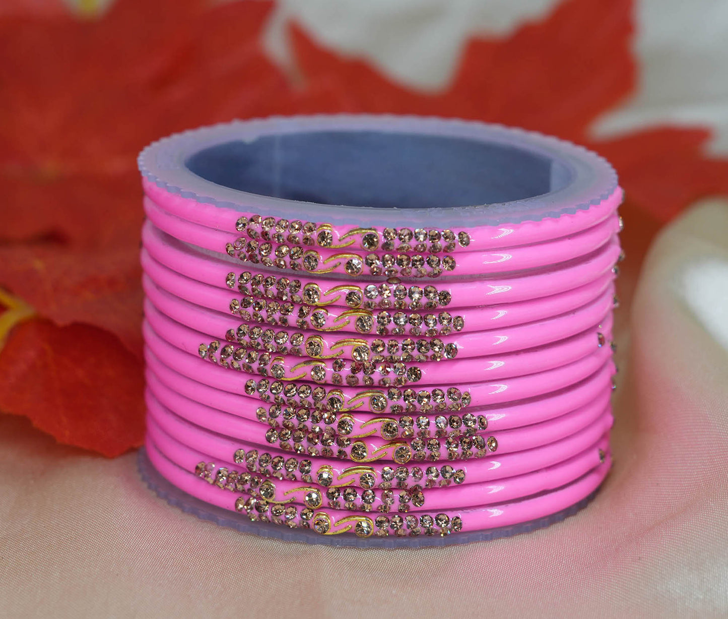 Traditional Glass Bangles with Zircon Beads Studded for Women & Girls (Pack of 12 bangles)