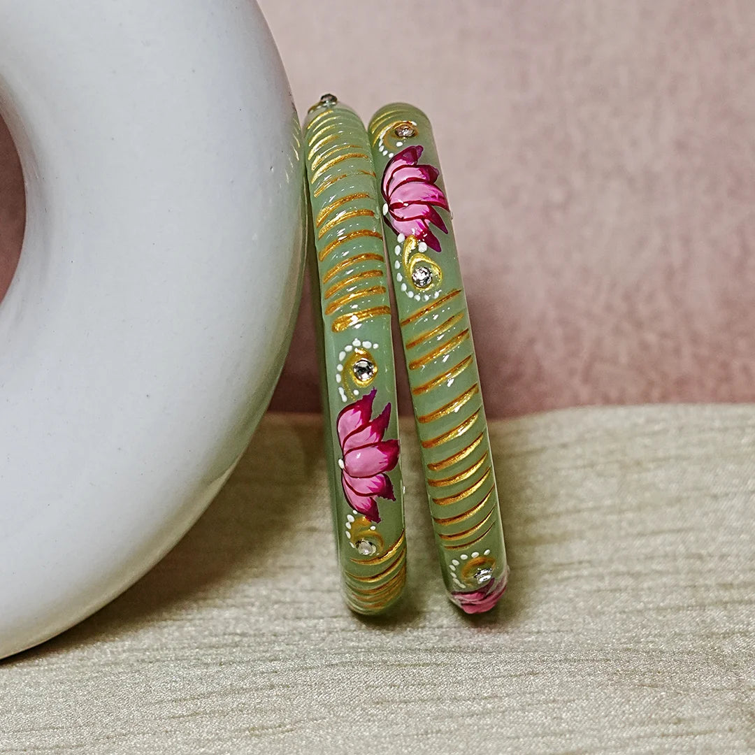 Elegant Lotus Design Printed Glass Kada for Women & Girls (Pack of 2)