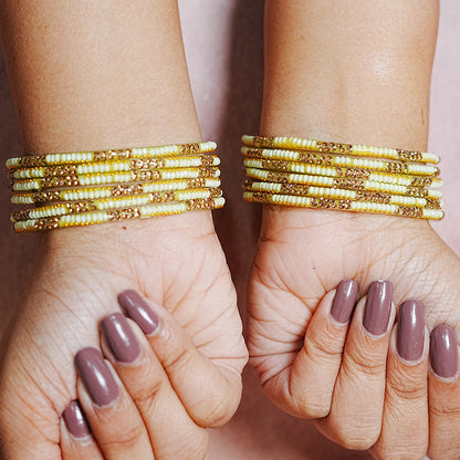 Handcrafted Glass Chudi Set with Golden Balls & Beads Work (Pack of- 12 Bangles)
