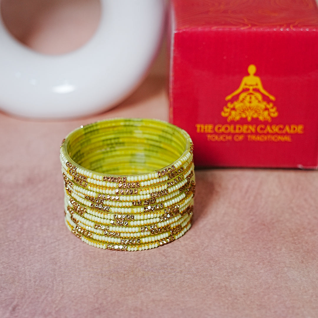 Handcrafted Glass Chudi Set with Golden Balls & Beads Work (Pack of- 12 Bangles)