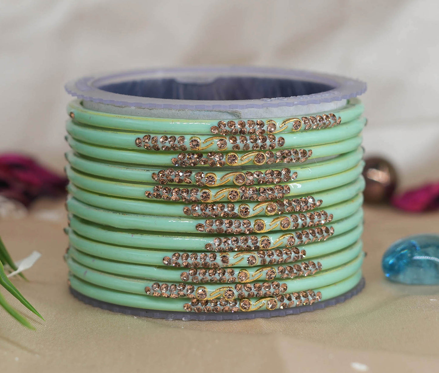 Traditional Glass Bangles with Zircon Beads Studded for Women & Girls (Pack of 12 bangles)
