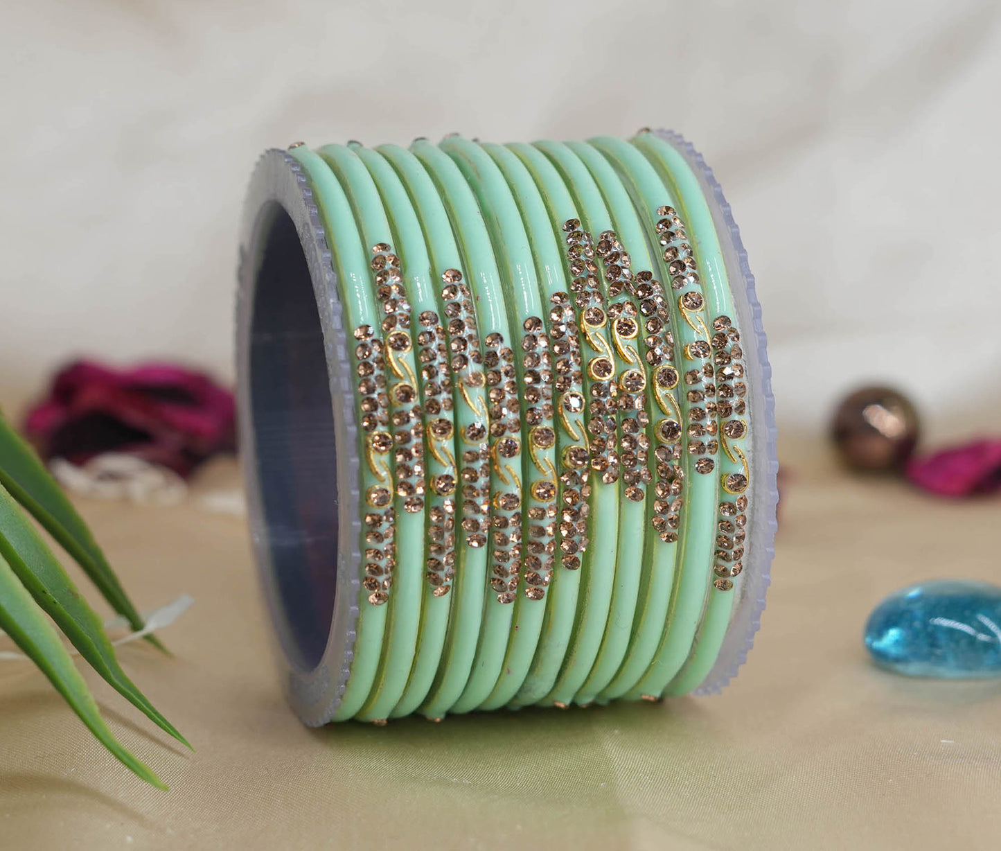 Traditional Glass Bangles with Zircon Beads Studded for Women & Girls (Pack of 12 bangles)