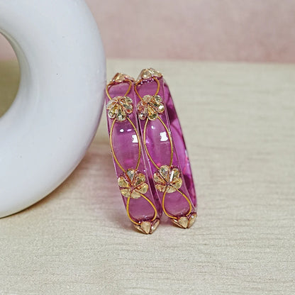Flower Design Kundan Work Glass Kada Bangle for Women & Girls (Pack of 2)