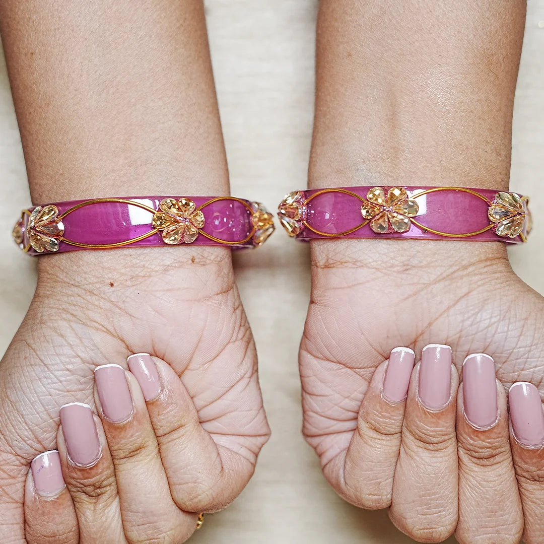 Flower Design Kundan Work Glass Kada Bangle for Women & Girls (Pack of 2)