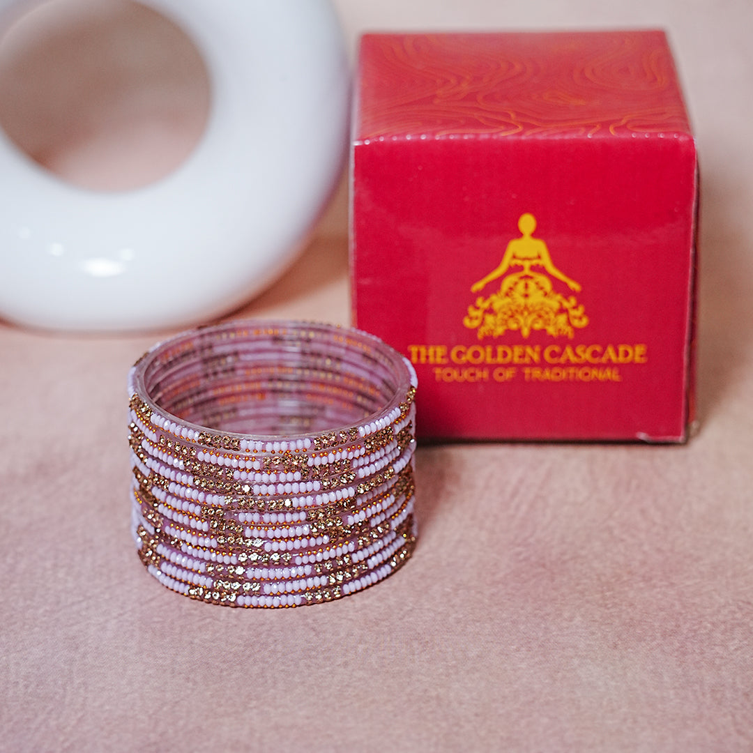Handcrafted Glass Chudi Set with Golden Balls & Beads Work (Pack of- 12 Bangles)