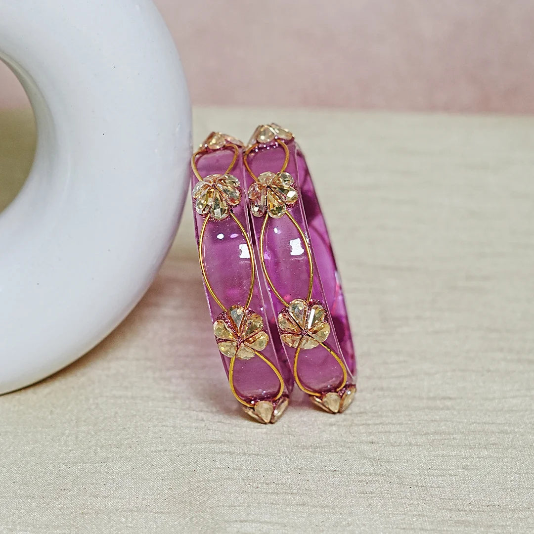 Flower Design Kundan Work Glass Kada Bangle for Women & Girls (Pack of 2)