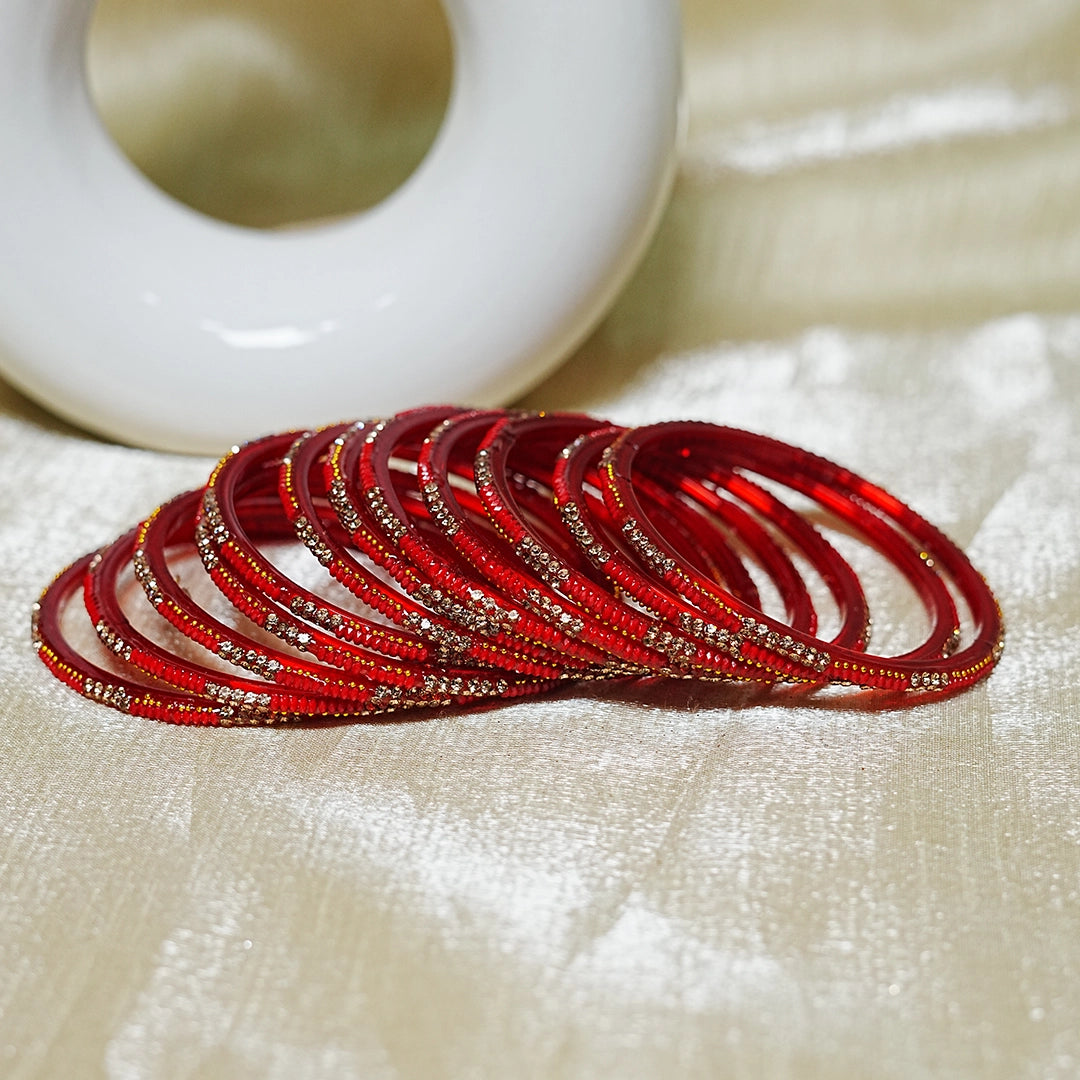 Handcrafted Glass Chudi Set with Golden Balls & Beads Work (Pack of- 12 Bangles)