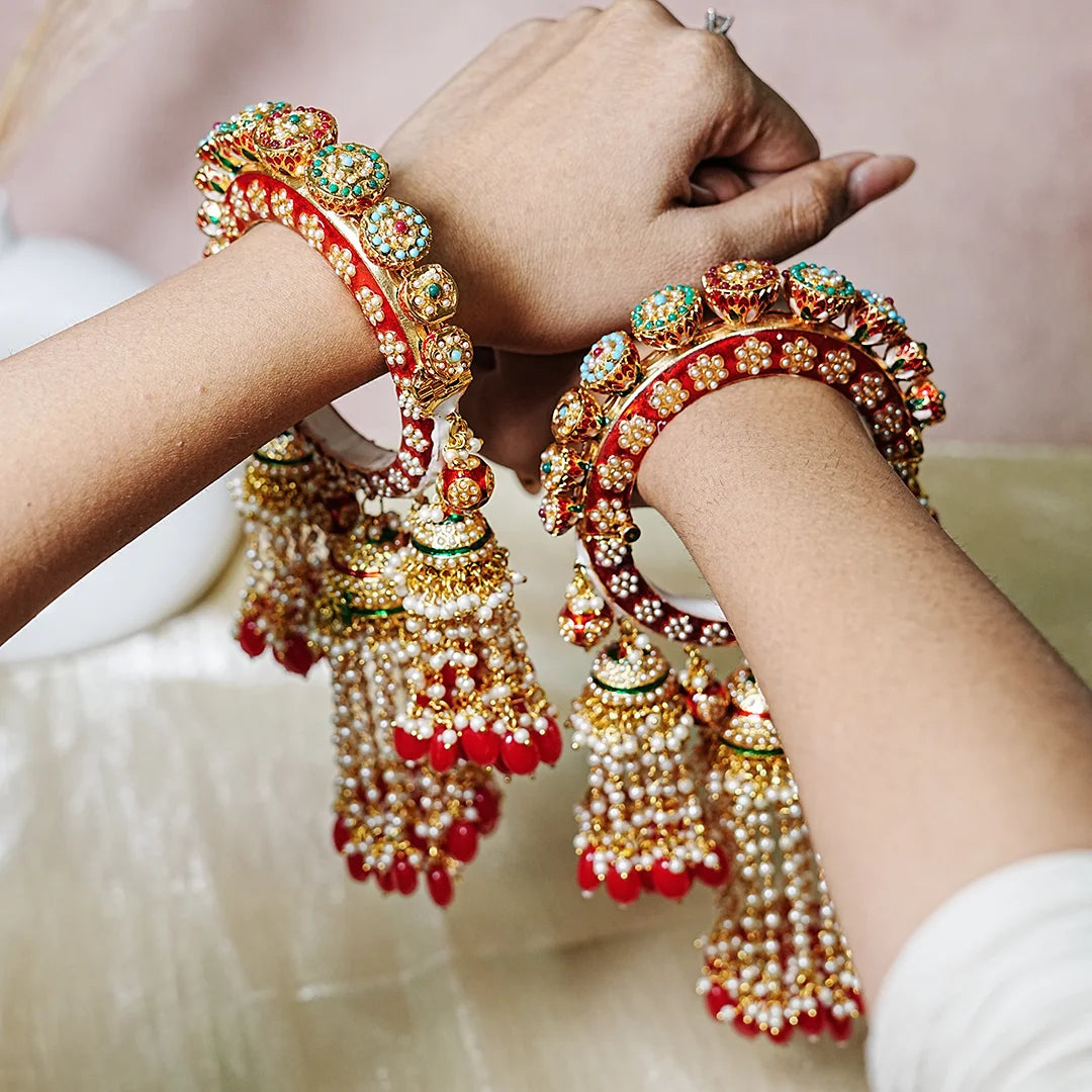 Traditional Jewelry Red Color Rajwadi Wedding Latkan Kada for Women (Pack of 2)