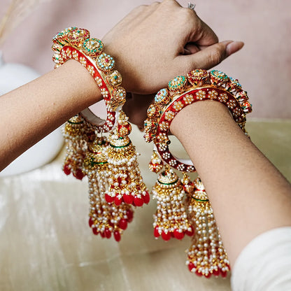Traditional Jewelry Red Color Rajwadi Wedding Latkan Kada for Women (Pack of 2)