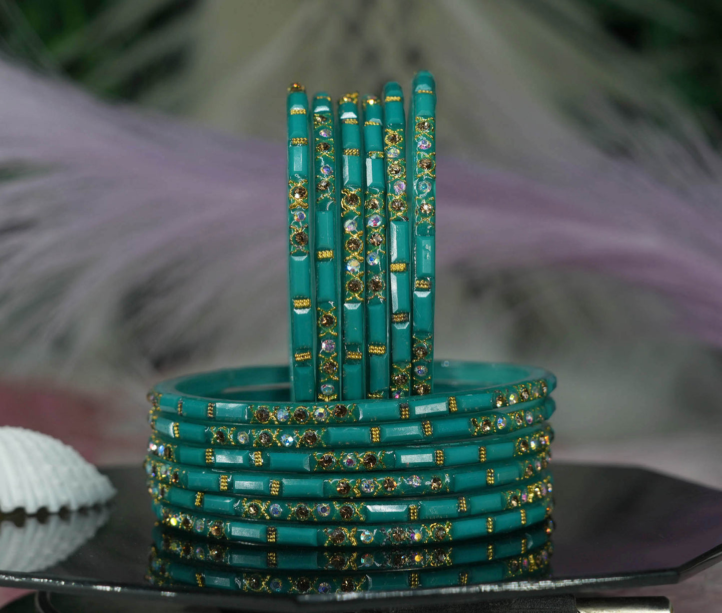 Zircon Gemstone Studded Glass Bangles for Women & Girls (Pack of 12 Bangles)