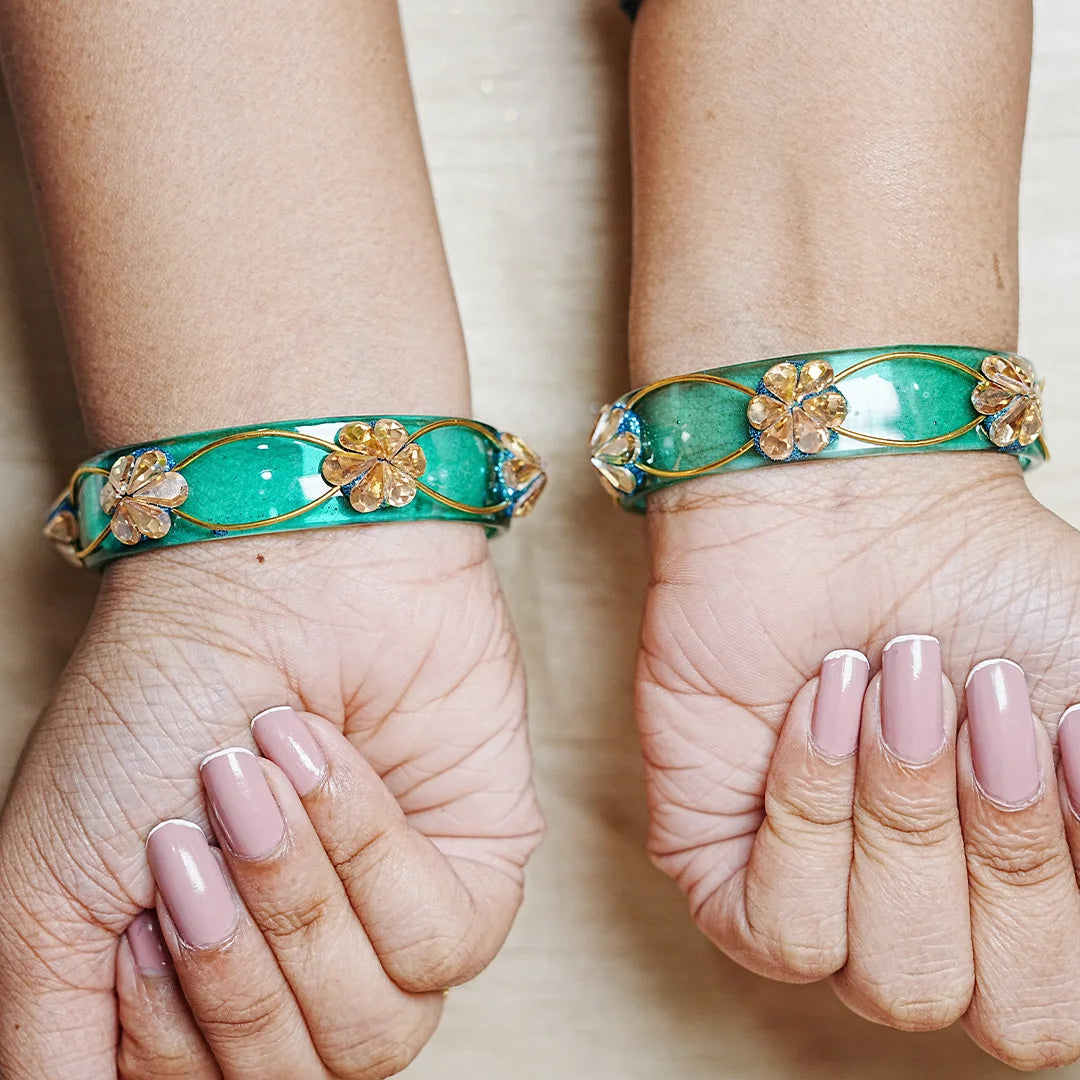 Flower Design Kundan Work Glass Kada Bangle for Women & Girls (Pack of 2)