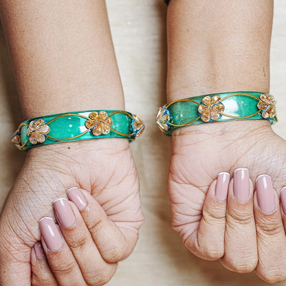 Flower Design Kundan Work Glass Kada Bangle for Women & Girls (Pack of 2)