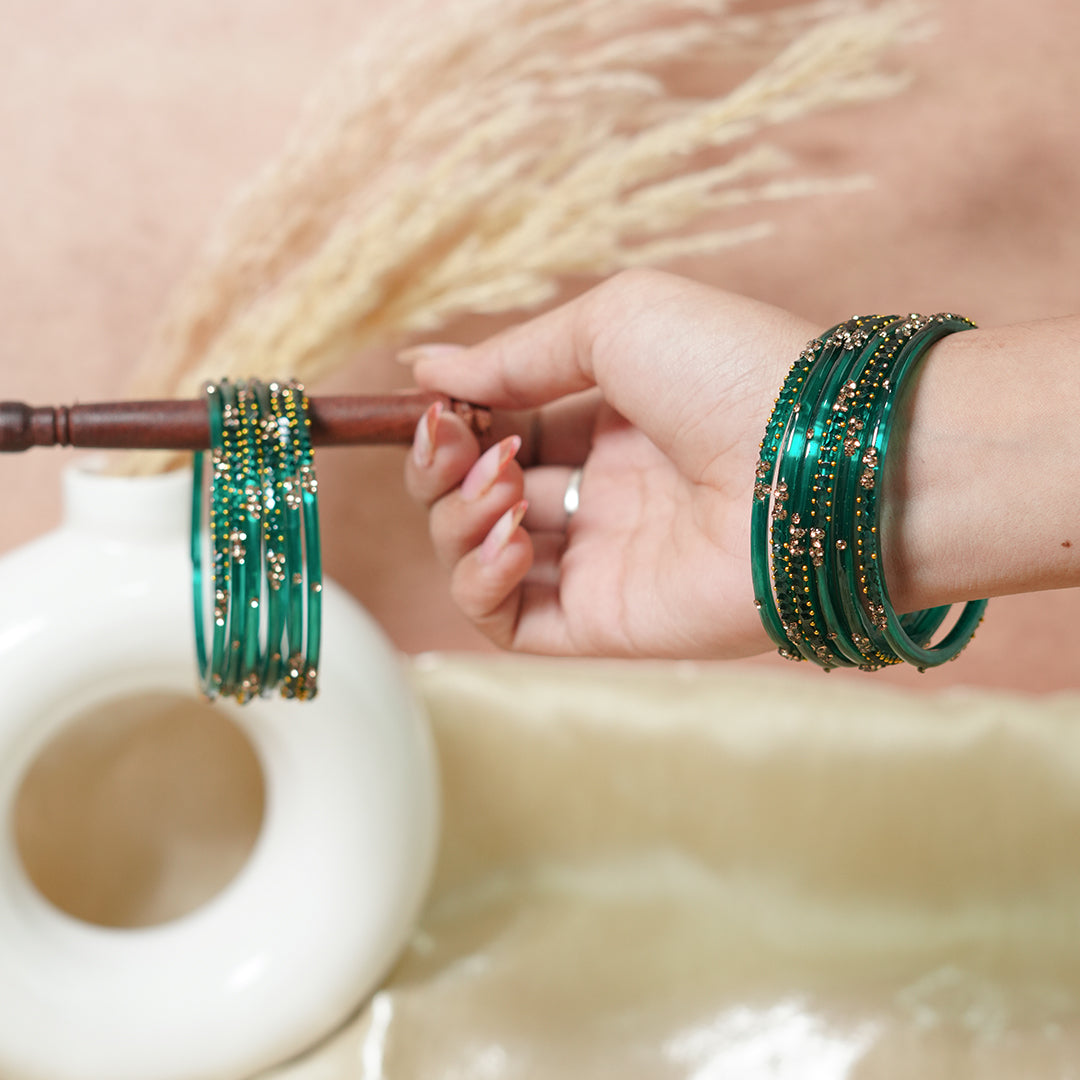 Stylish Traditional Glass Bangle with Beads Studded for Women & Girls (Pack of 12 Bangles)