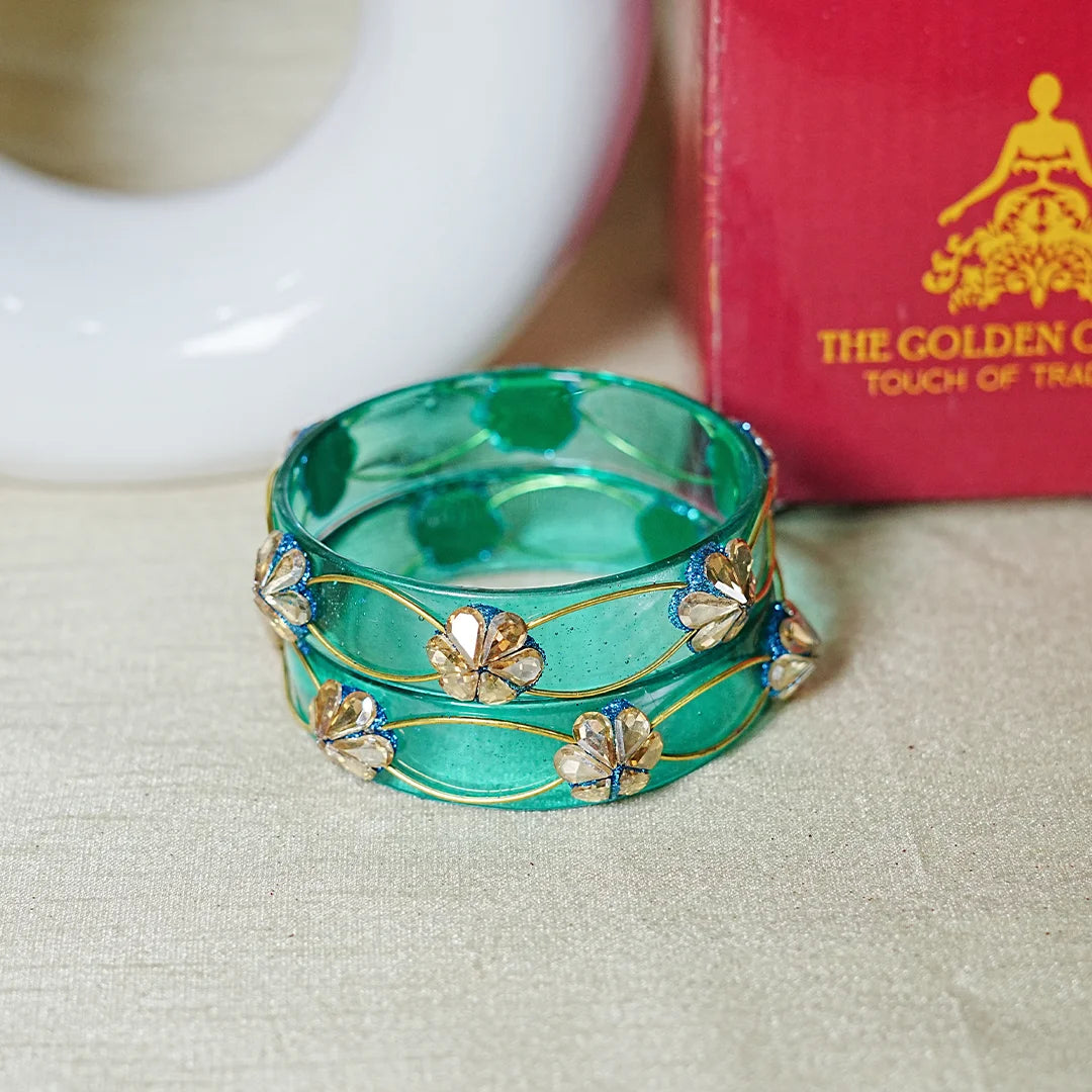 Flower Design Kundan Work Glass Kada Bangle for Women & Girls (Pack of 2)