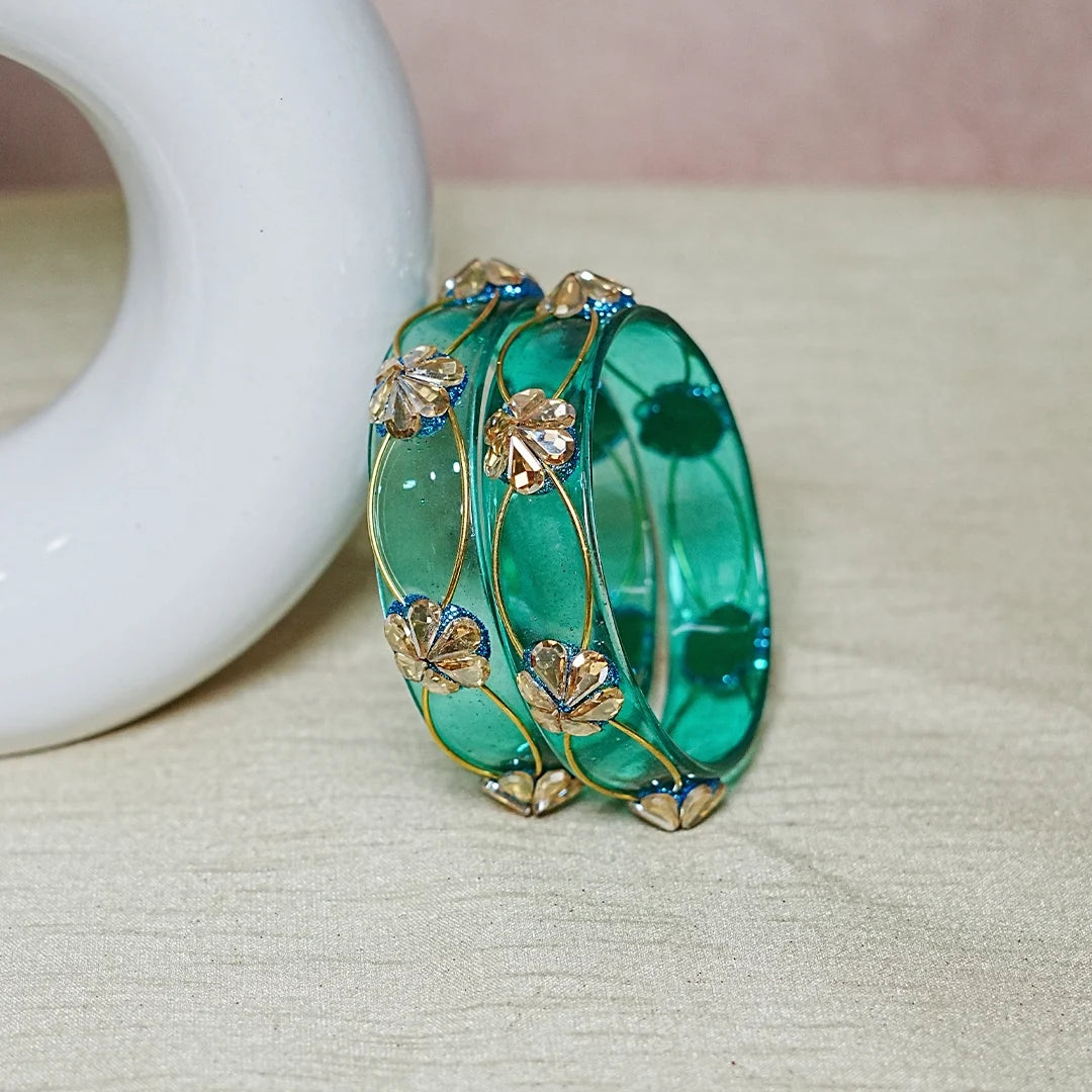 Flower Design Kundan Work Glass Kada Bangle for Women & Girls (Pack of 2)