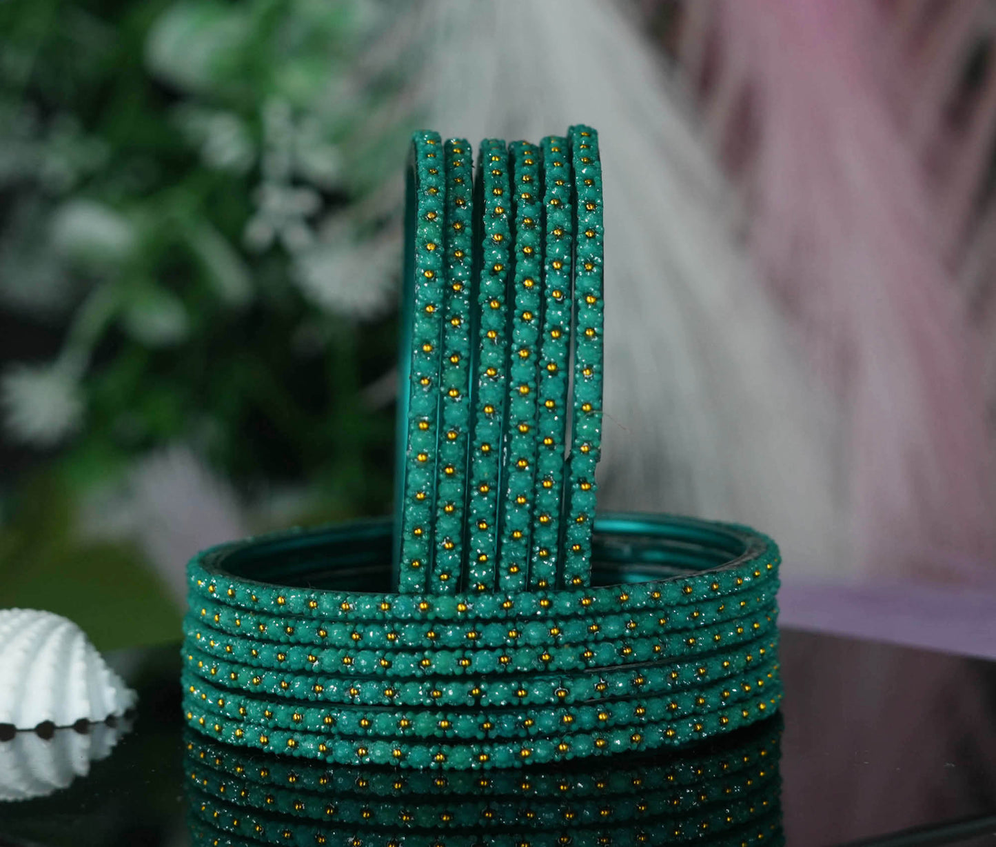 Glass Bangle with Golden Ball Studded for Women & Girls (Pack of 12 Bangles)