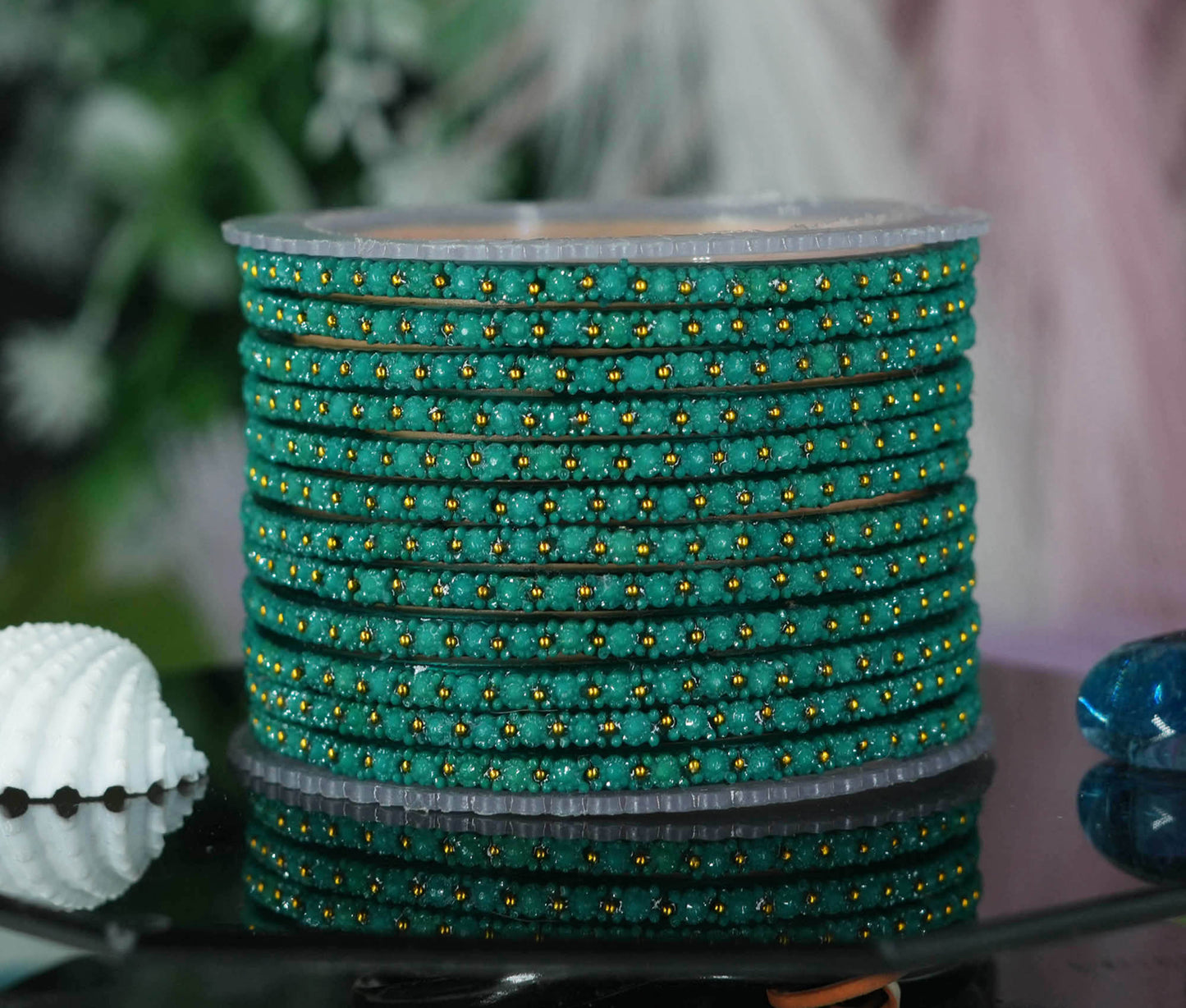Glass Bangle with Golden Ball Studded for Women & Girls (Pack of 12 Bangles)