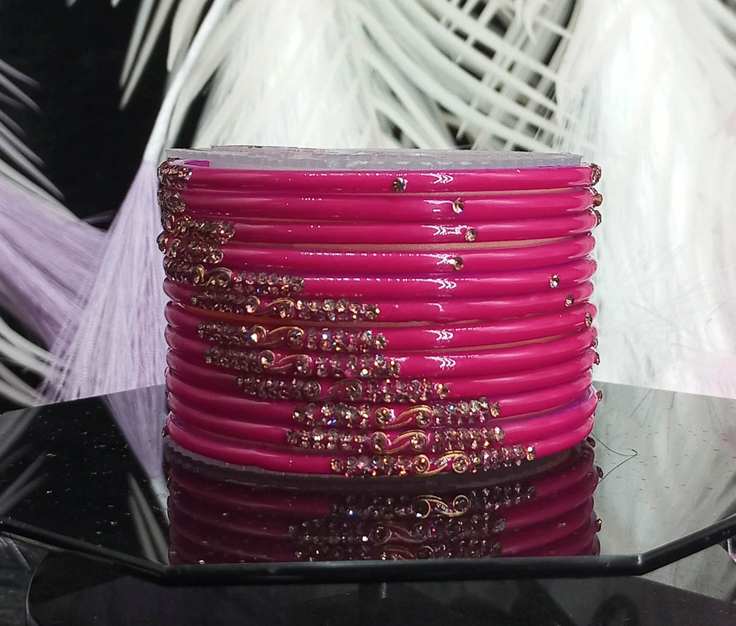 Traditional Glass Bangles with Zircon Beads Studded for Women & Girls (Pack of 12 bangles)
