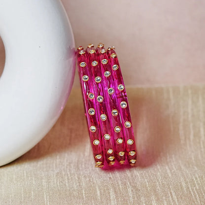 Fancy Glass Kada Bangles with Kundan Work and Smooth Finish for Women & Girls (Pack of 4)