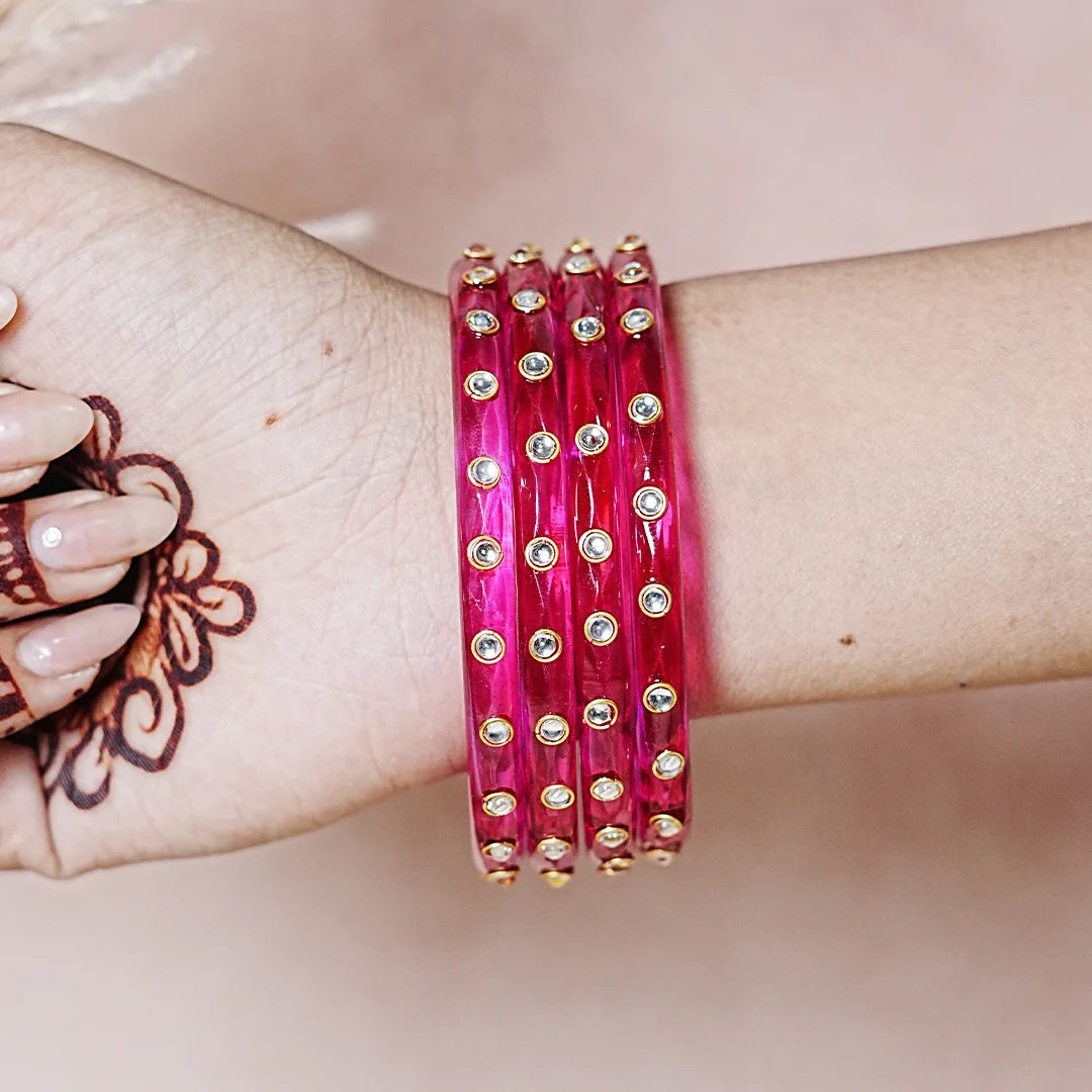 Fancy Glass Kada Bangles with Kundan Work and Smooth Finish for Women & Girls (Pack of 4)