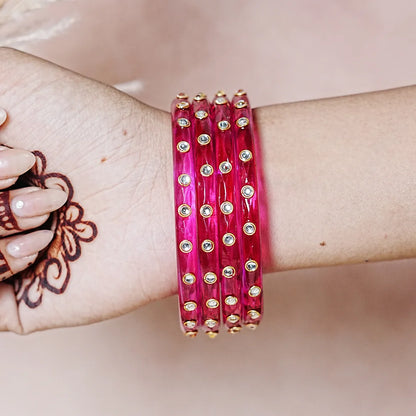 Fancy Glass Kada Bangles with Kundan Work and Smooth Finish for Women & Girls (Pack of 4)