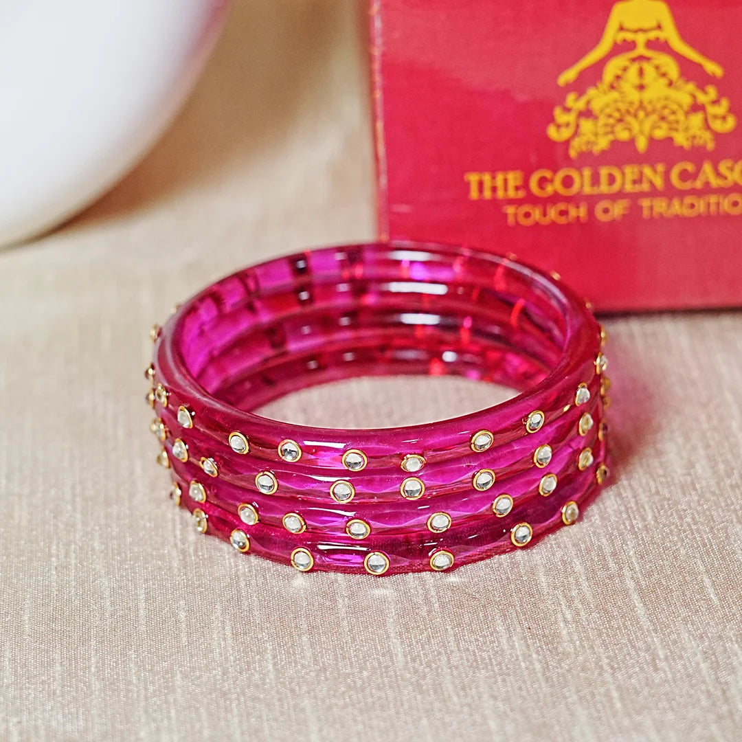 Fancy Glass Kada Bangles with Kundan Work and Smooth Finish for Women & Girls (Pack of 4)