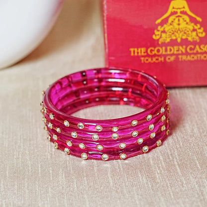 Fancy Glass Kada Bangles with Kundan Work and Smooth Finish for Women & Girls (Pack of 4)