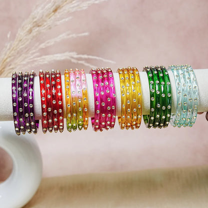 Fancy Glass Kada Bangles with Kundan Work and Smooth Finish for Women & Girls (Pack of 4)