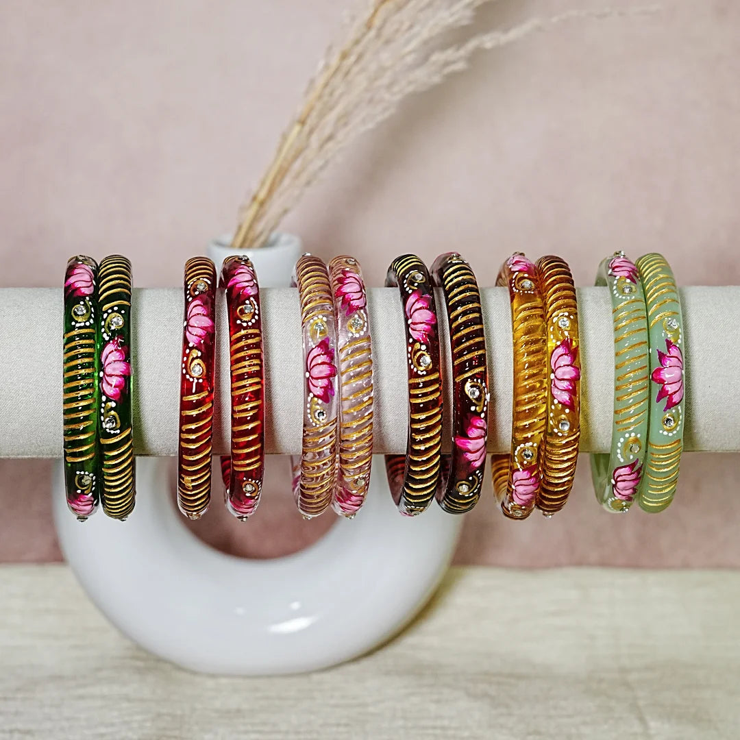 Elegant Lotus Design Printed Glass Kada for Women & Girls (Pack of 2)