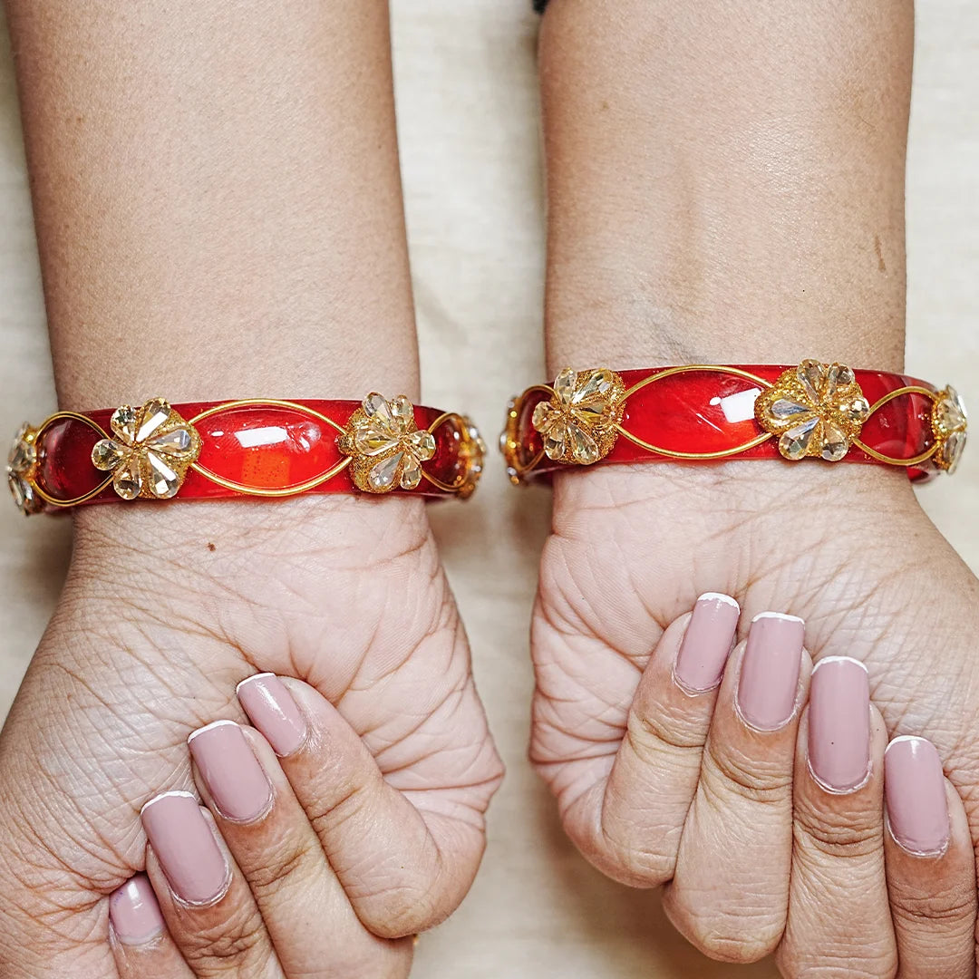 Flower Design Kundan Work Glass Kada Bangle for Women & Girls (Pack of 2)