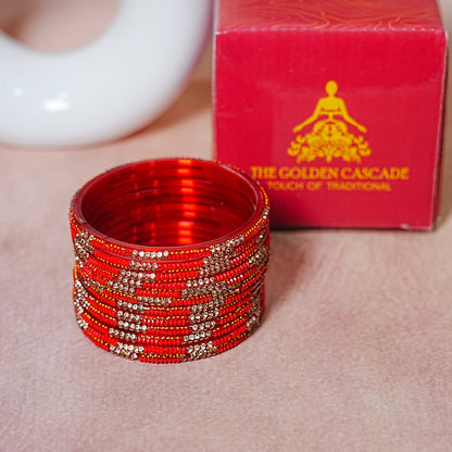 Handcrafted Glass Chudi Set with Golden Balls & Beads Work (Pack of- 12 Bangles)