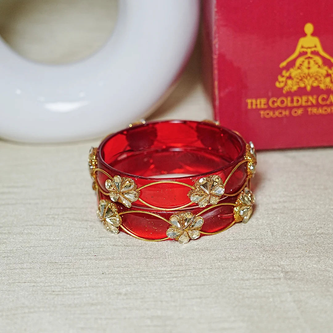 Flower Design Kundan Work Glass Kada Bangle for Women & Girls (Pack of 2)