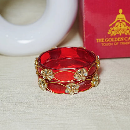 Flower Design Kundan Work Glass Kada Bangle for Women & Girls (Pack of 2)