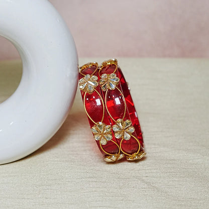 Flower Design Kundan Work Glass Kada Bangle for Women & Girls (Pack of 2)