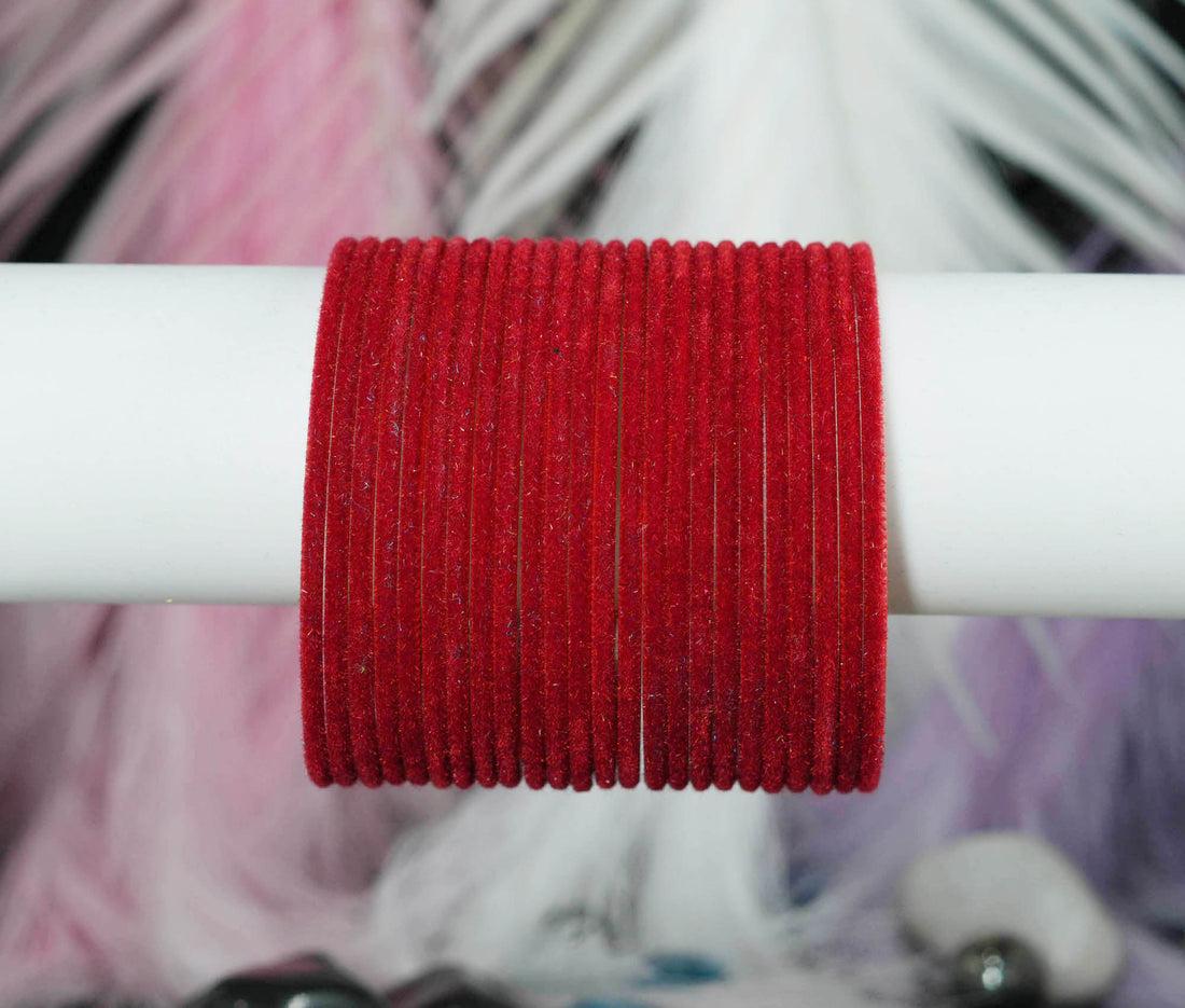 Red Color Velvet Metal Bangles for Women & Girls (Pack of 24)
