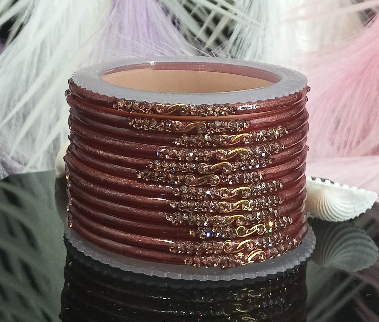 Traditional Glass Bangles with Zircon Beads Studded for Women & Girls (Pack of 12 bangles)