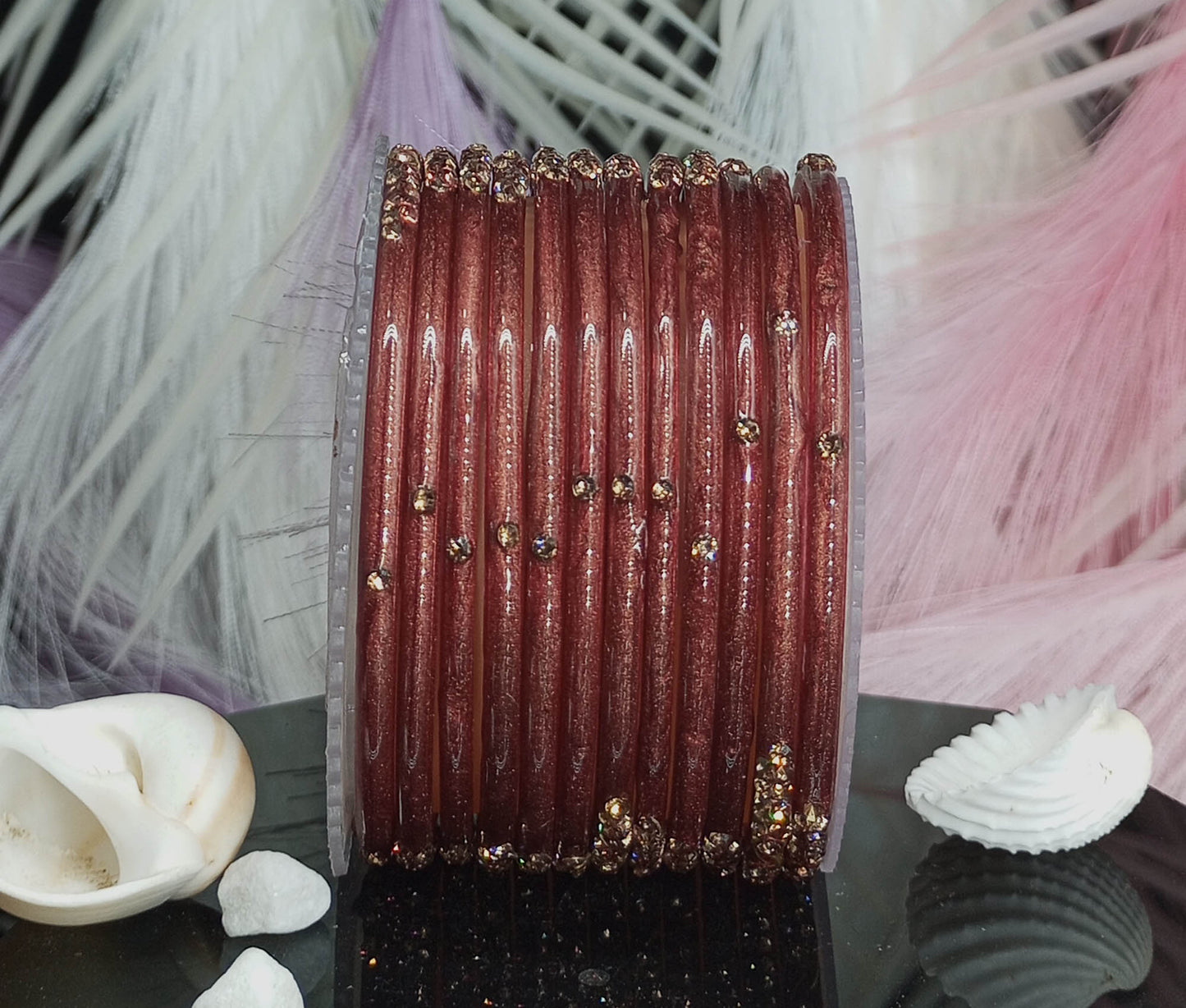 Traditional Glass Bangles with Zircon Beads Studded for Women & Girls (Pack of 12 bangles)