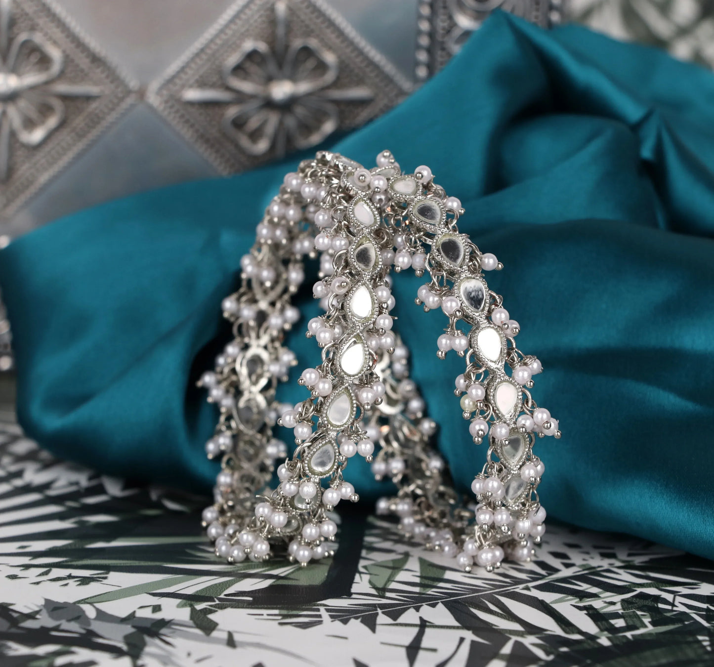 Silver Mirror Work Metal Kada for Women with Pearl (Pack Of 2)