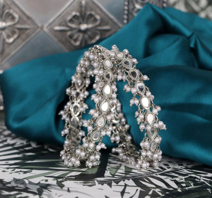 Silver Mirror Work Metal Kada for Women with Pearl (Pack Of 2)